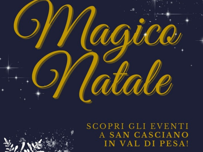 Scritta gialla Magico Natale su sfondo blu notte con fiocchi di neve